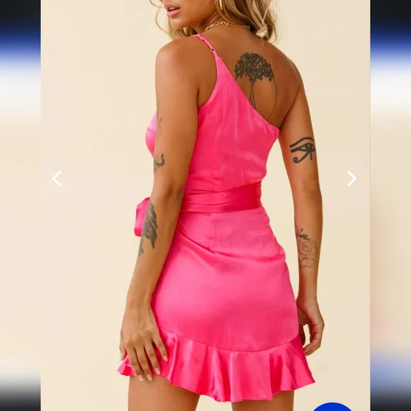 SELFIE LESLIE DON'T WAIT UP ONE SHOULDER WAIST TIE DRESS HOT PINK - Picture 3 of 12